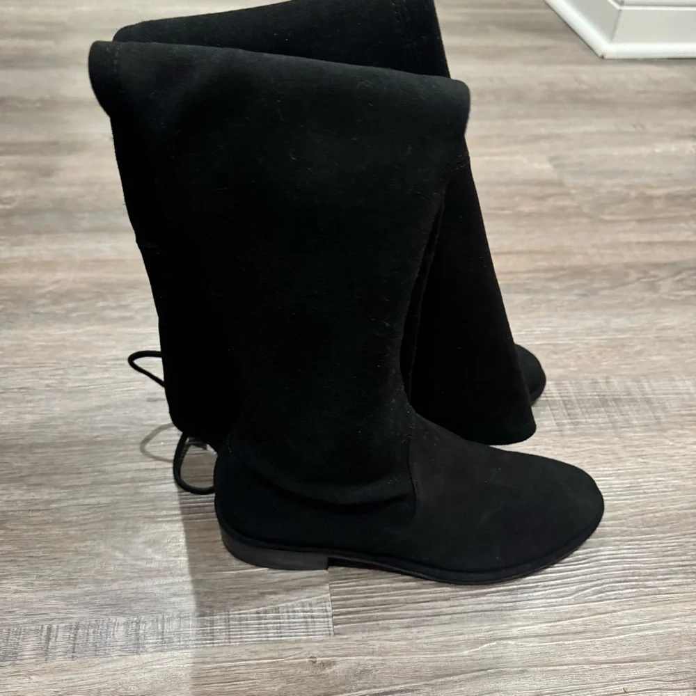 Stuart Weitzman Lowland OTK Over The Knee Suede Leather Tie Flat Boots